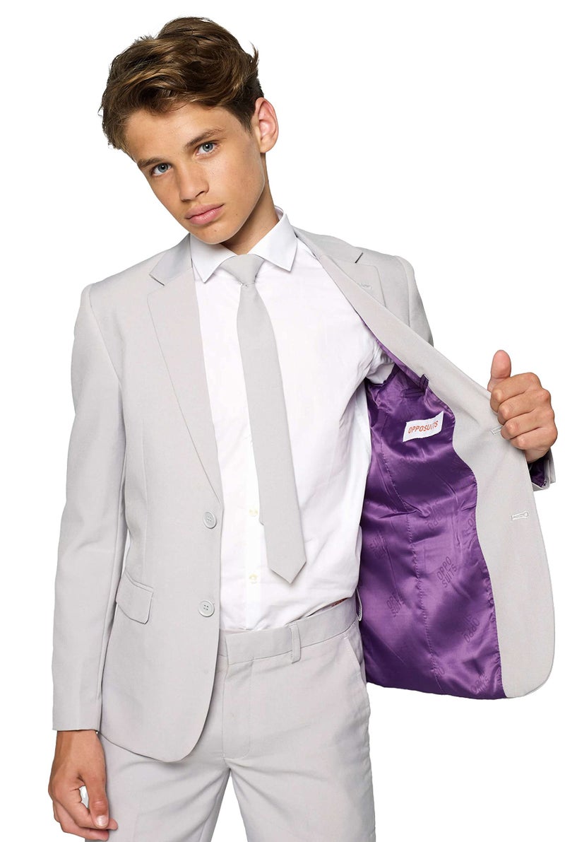 Opposuits Teen Boys Groovy Grey Solid Color Suit - Prom and Wedding Party Outfit - Including Blazer, Pants and Tie - Grey - Size: 10 Years - Image 5